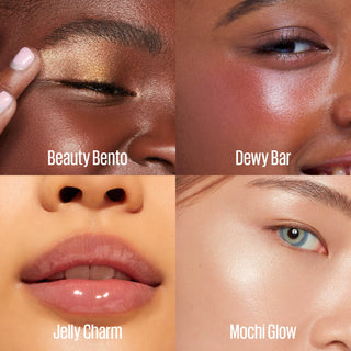 Kaja product looks collage: Beauty Bento eyeshadow, Dewy Bar blush, Jelly Charm lip glaze, Mochi Glow highlighter