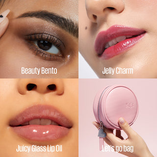 Kaja Travel Kit product looks: Beauty Bento eyeshadow, Jelly Charm lip & cheek, Juicy Glass Lip Oil, Let's Go Bag